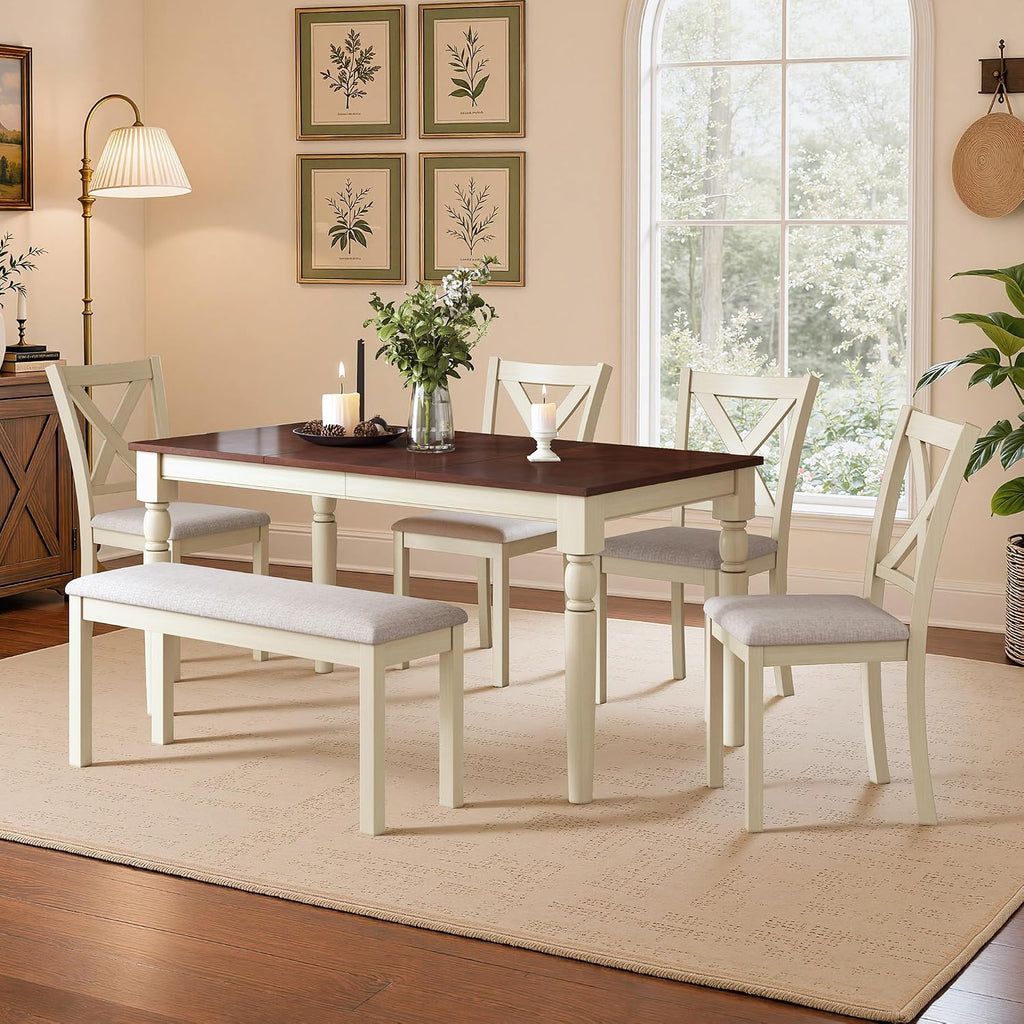 LUXOAK 6 Piece Solid Wood Dining Table Set with 60" Farmhouse Table | Solid Wood Table, 4 Upholstered Chairs, Bench Included, Seating for 6, Cream White Finish