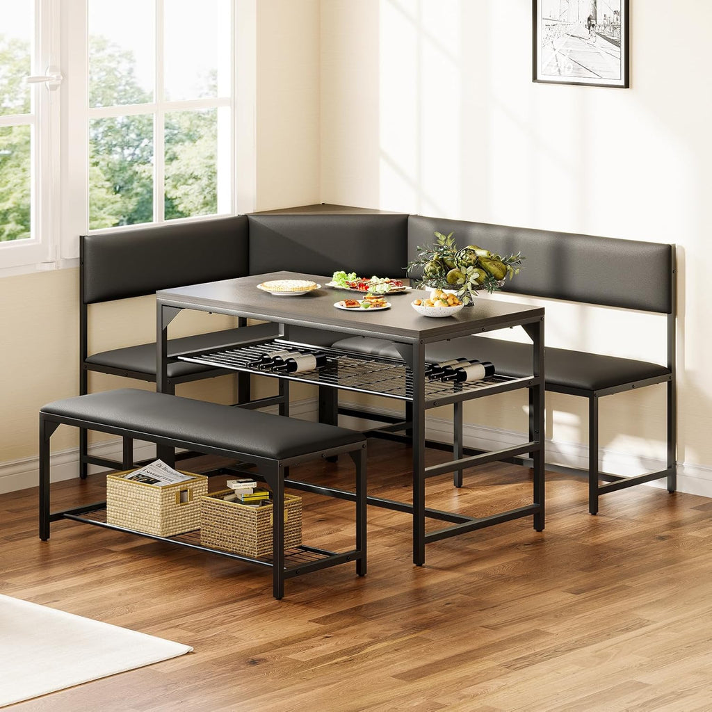 Concho Kitchen Breakfast Nook Table Set with Soft Seat, Corner Dining Table Set for 4-6 People, Dining Room Sets for 4, Space Saving Kitchen Booth Seating with Table for Small Space, Taupe