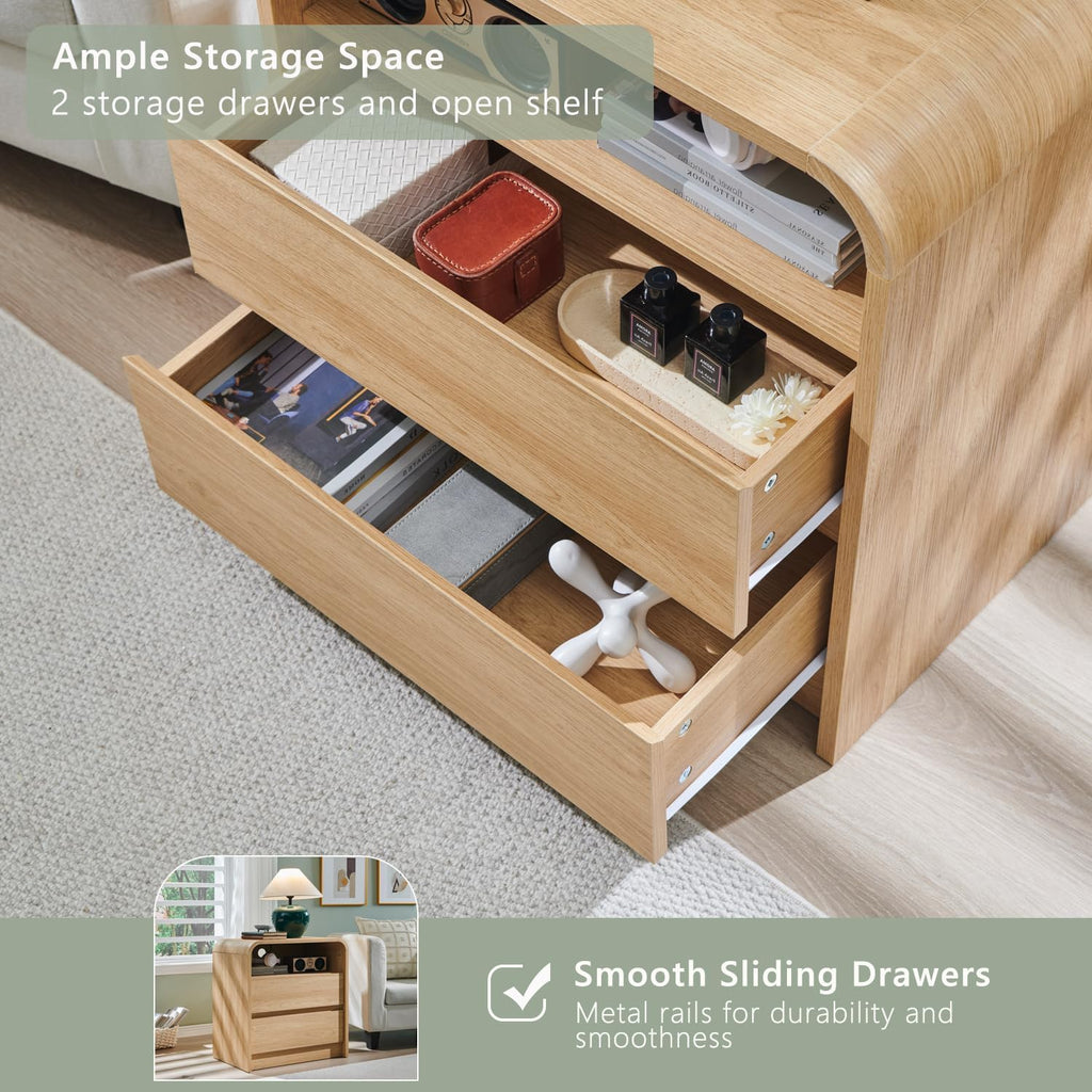 Aitjunz 25" Tall Modern Nightstand Set of 2, 23.6'' Wide Wood Bedside Table w/2 Storage Drawers, Charging Station, Mid Century End Table for Bedroom, Living Room,Curved Profile Design, Natural Oak
