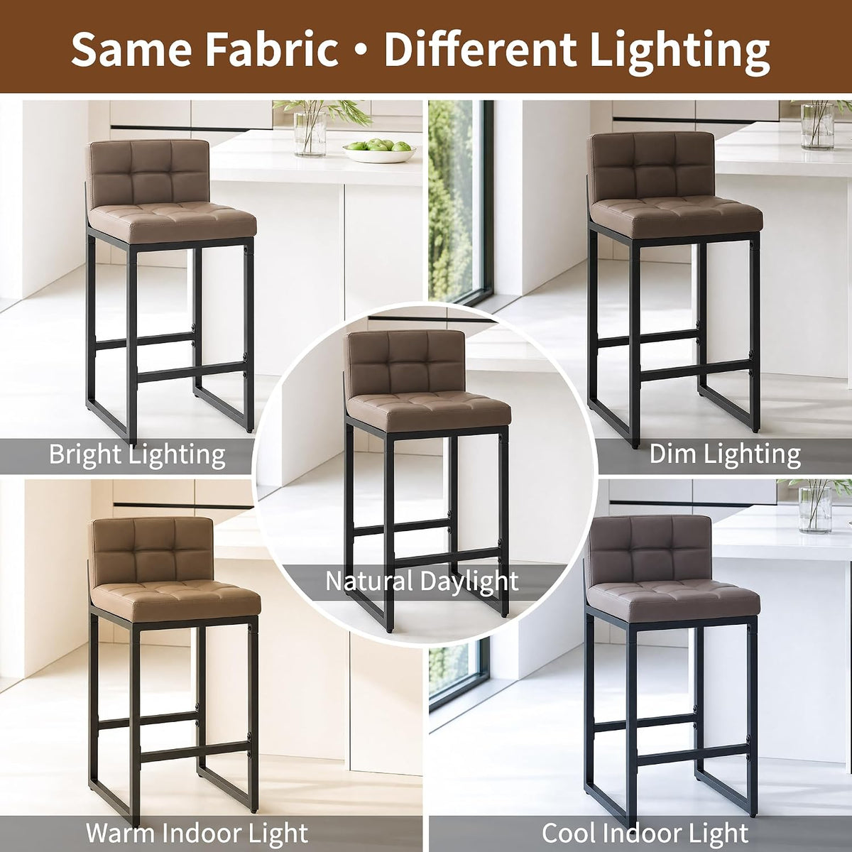 FIRAVOE Bar Stools Set of 3, Upholstered PU Leather Counter Height Barstools with Low Back and Thickened Metal Legs, Modern Chairs for Kitchen Island, Bar (Coffee Brown, 3Pcs 26" Counter Stools)