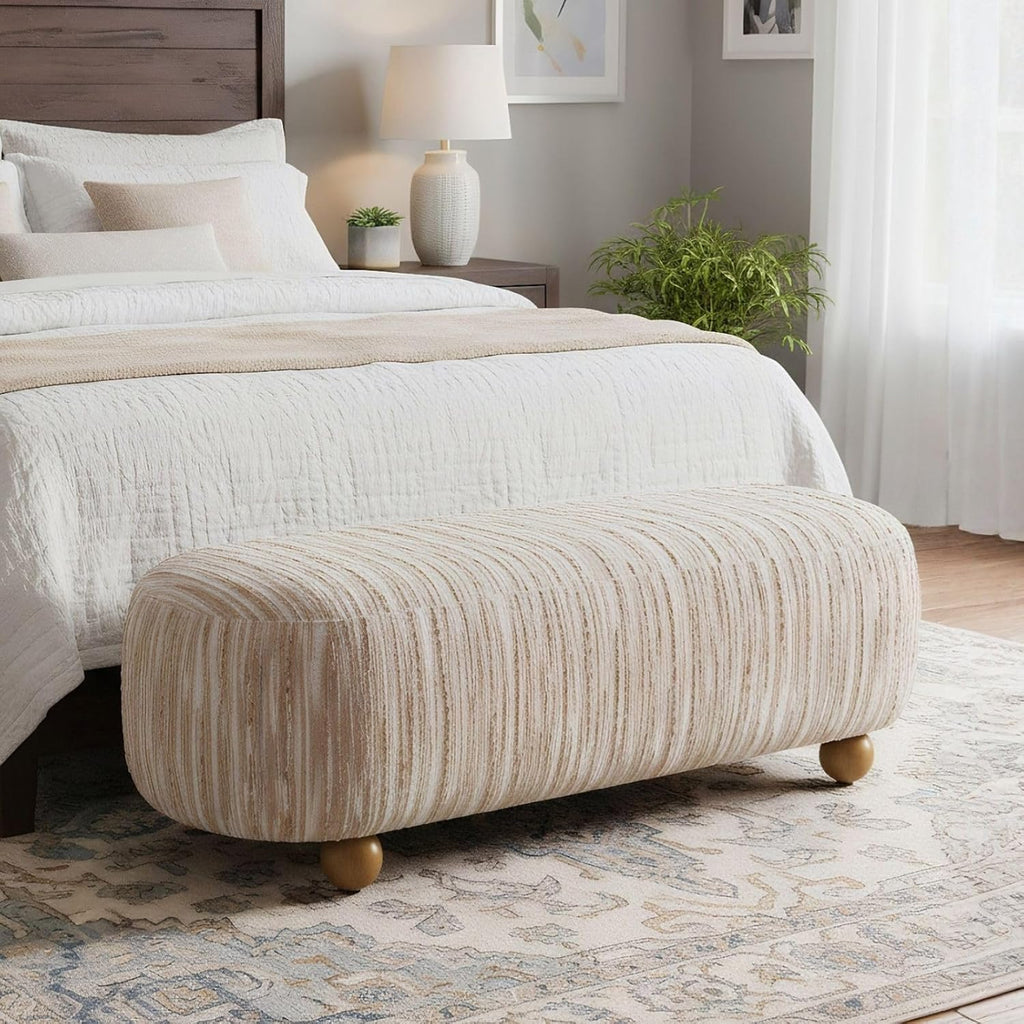 Hyfirm 54" Oatmeal Linen Upholstered Bench – Beige End of Bed Ottoman with Round Solid Wood Legs, Long Oval Footstool for Entryway & Hallway, Padded Seat (No Back)