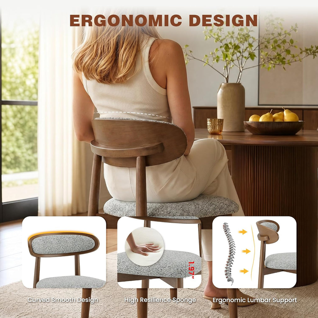 Dining Chairs Set of 4, Upholstered Farmhouse Dining Room Chairs with Soild Wood Legs, Modern Fabric Kitchen Chairs with Ergonomic Curved Backrest, Gray