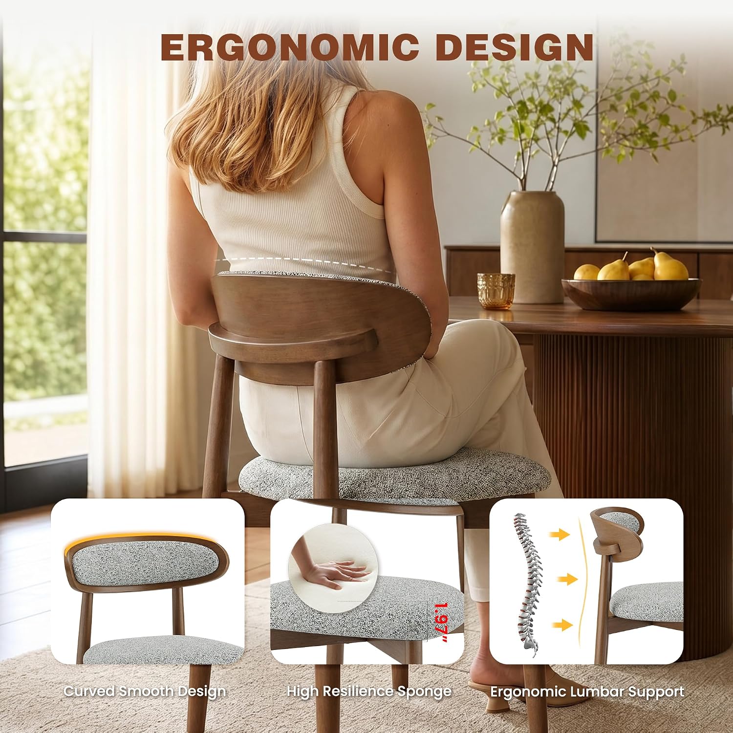 Dining Chairs Set of 4, Upholstered Farmhouse Dining Room Chairs with Soild Wood Legs, Modern Fabric Kitchen Chairs with Ergonomic Curved Backrest, Gray