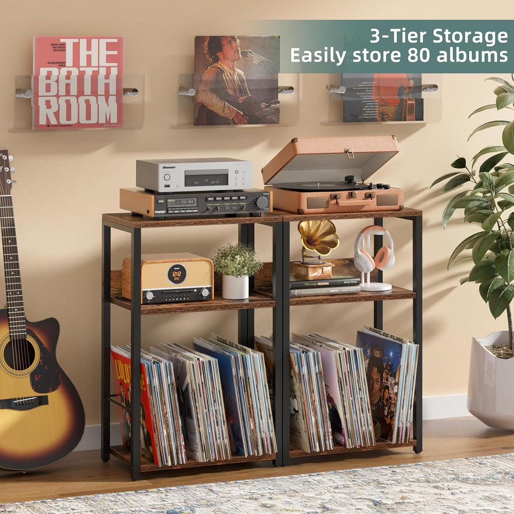 LELELINKY Record Player Stand Set of 2, 3-Tier End Side Table with Vinyl Record Storage, Vinyl Record Holder Up to 120 Albums, Turntable Stand with Vinyls Storage for Music Living Room