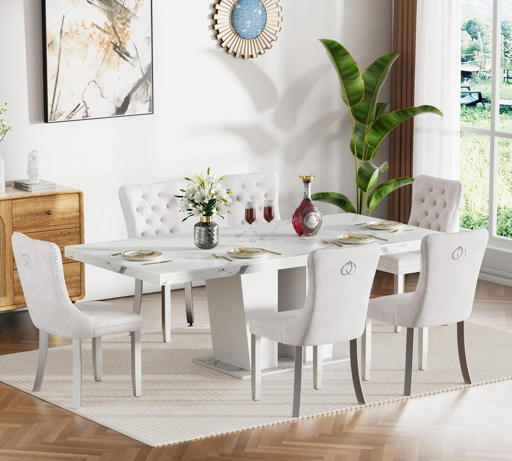 White Faux Marble Dining Room Table Set for 6, 7-Piece 63"-78.74" Extendable Dining Table Set with 6 Chairs, Rectangle Wooden Expanding Kitchen Table and Beige Upholstered Chairs Set