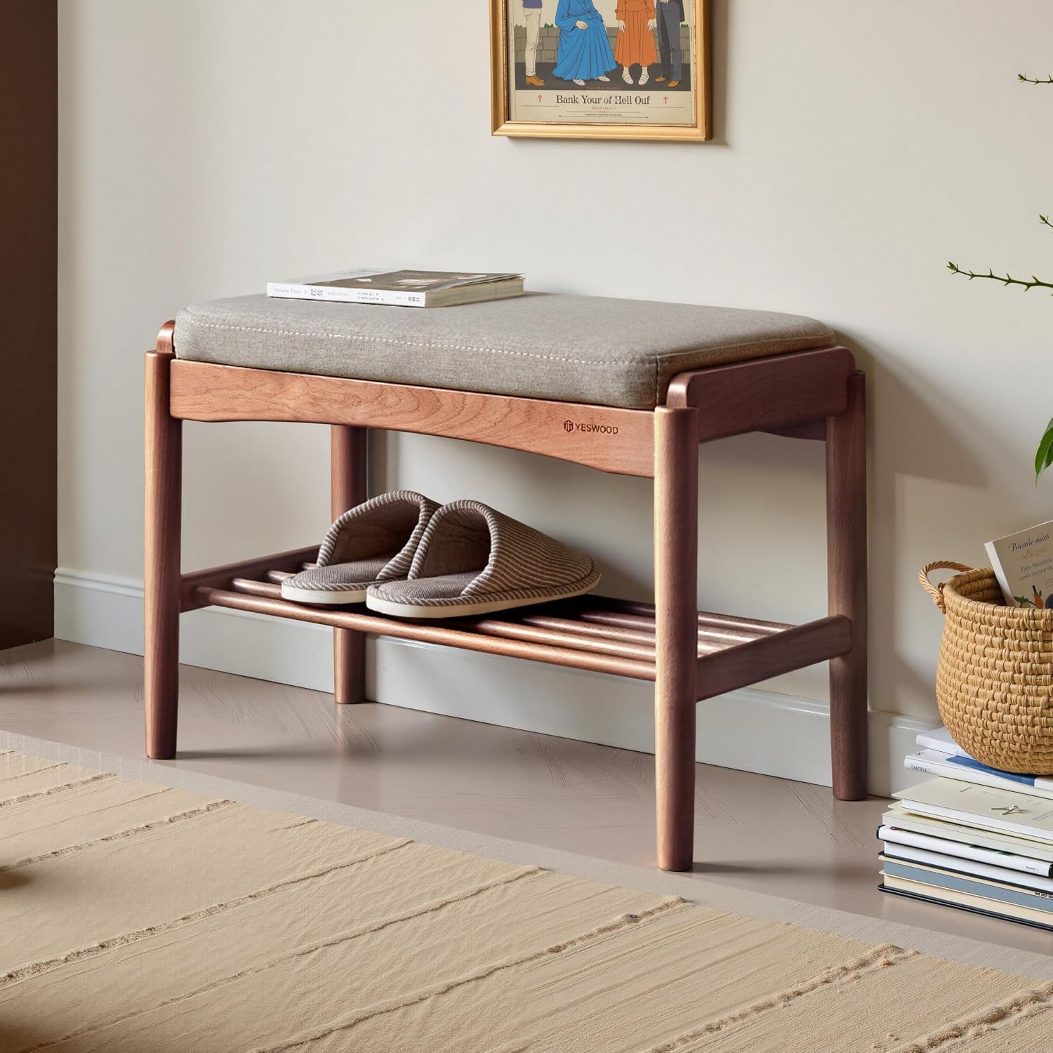 Solid Wood Shoe Bench, 24 Inch Entryway Bench with Gray Cushion | Rich walnut finish with soft gray cushion creates a warm modern seating piece for entryways and living spaces.