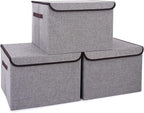 Large 17" 42 Quarts Collapsible Stackable Storage Bins with Lids [3-Pack] Foldable Fabric Linen Storage Boxes Cube, Closet Organizer Baskets with Label for Home (16.7 x 12 x 12, Gray)