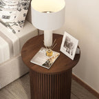 Wnutrees Round Fluted End Table, Small Accent Pedestal Side Table, Wood Fluted Nightstand Bedside Table for Living Room, Bedroom, Handcrafted Finish, Brown