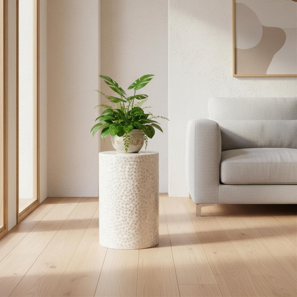 PEMAR Capiz Shell Cylinder Drum End Table Nacre Side Table Stool Accent Coffee Bedside Round Nightstand and Vanity Stool White Cream Floral Vine Pattern 13" Diameter x 19.3" High