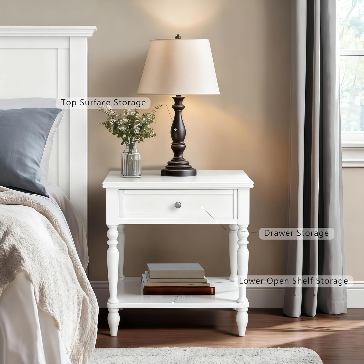 Solid Wood Nightstand with Charging Station, Traditional End Table with Drawers and Open Shelf, Bedside Table with Storage, Modern Side Table for Bedroom Set of 2, White