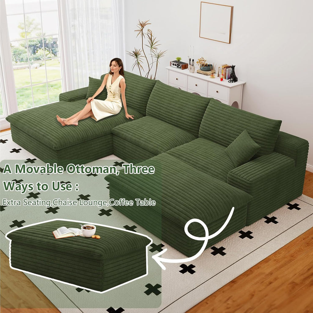 107" Cloud Couch Modular Sectional Sofa for Living Room, U-Shape Couch with Deep Seat, Modern Corduroy 3-Seater with Ottoman, No Assembly Required (Green,Left-Facing Chaise)