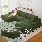 107" Cloud Couch Modular Sectional Sofa for Living Room, U-Shape Couch with Deep Seat, Modern Corduroy 3-Seater with Ottoman, No Assembly Required (Green,Left-Facing Chaise)