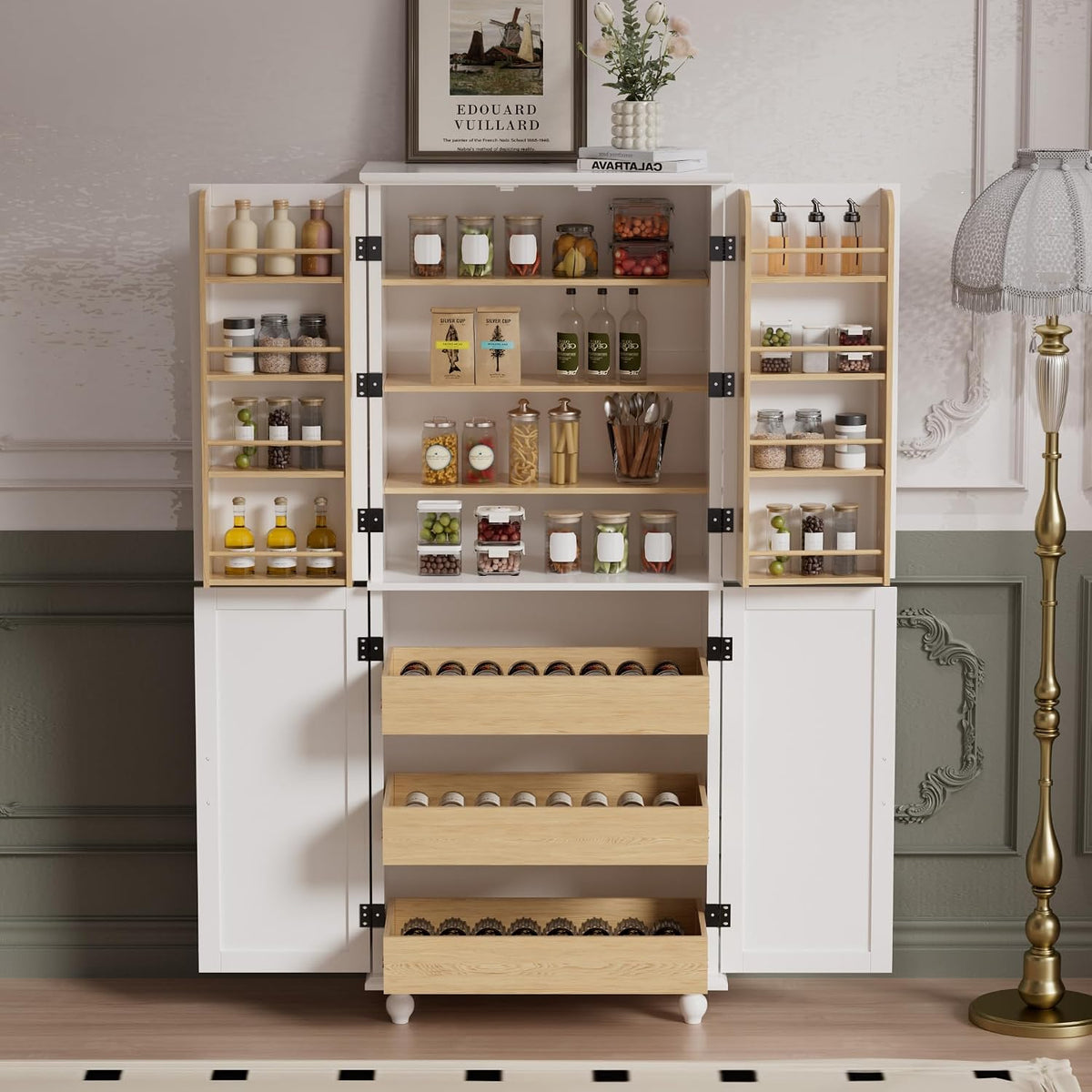 Scurrty Kitchen Pantry Cabinet, 69'' Pantry Storage Cabinet with 4 Doors and Shelves, Farmhouse Kitchen Cabinet with 3 Drawers, Freestanding Wooden Cupboard for Living Room and Dinning Room (White)