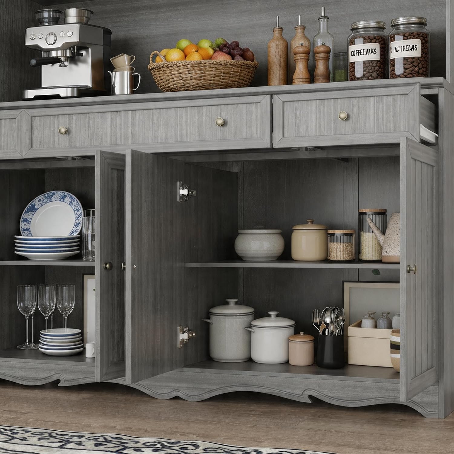 Timechee 75.9" Tall Kitchen Pantry Storage Cabinet with Drawers, Farmhouse Storage Hutch Cabinet with Doors and Shelves, Kitchen Food Pantry Cupboard and Coffee Bar Station for Dining Room, Grey