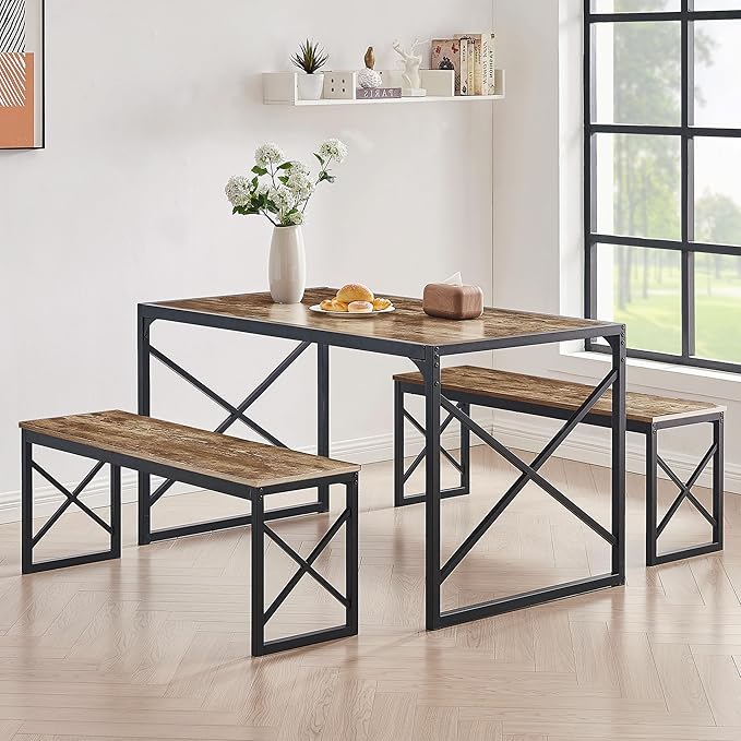 VECELO Kitchen Dining Table Set for 4 to 6, 55" Wood Dinette 2 Benches with Metal Frame for Dinner Breakfast Nook and Small Space, Brown