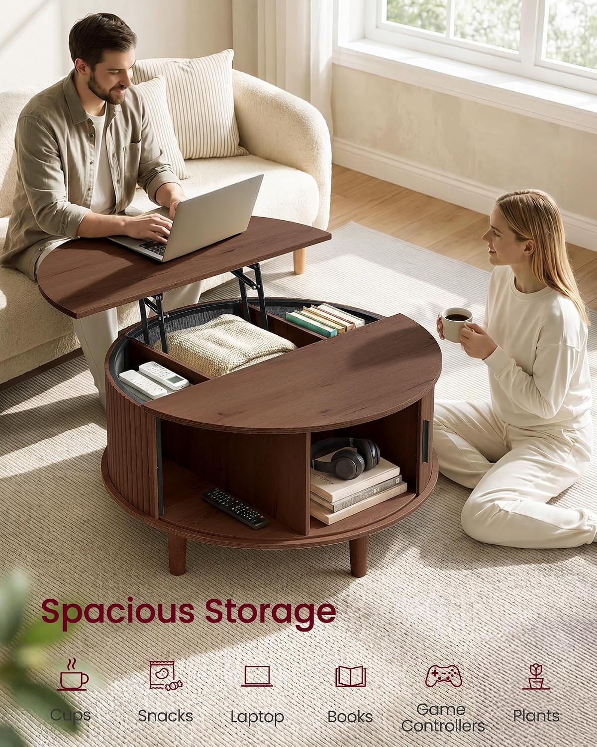 VASAGLE Round Coffee Table, Lift Top Coffee Table with Tambour Sliding Door
