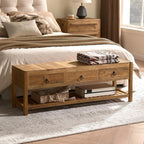 Wnutress 45.2" Reclaimed Solid Wood Benches with 3 Drawers & Slatted Storage Shelf, Rustic Farmhouse Long Entryway Bench Seat for Indoor, End of Bed, Living Room, Hallway, Natural Finsh
