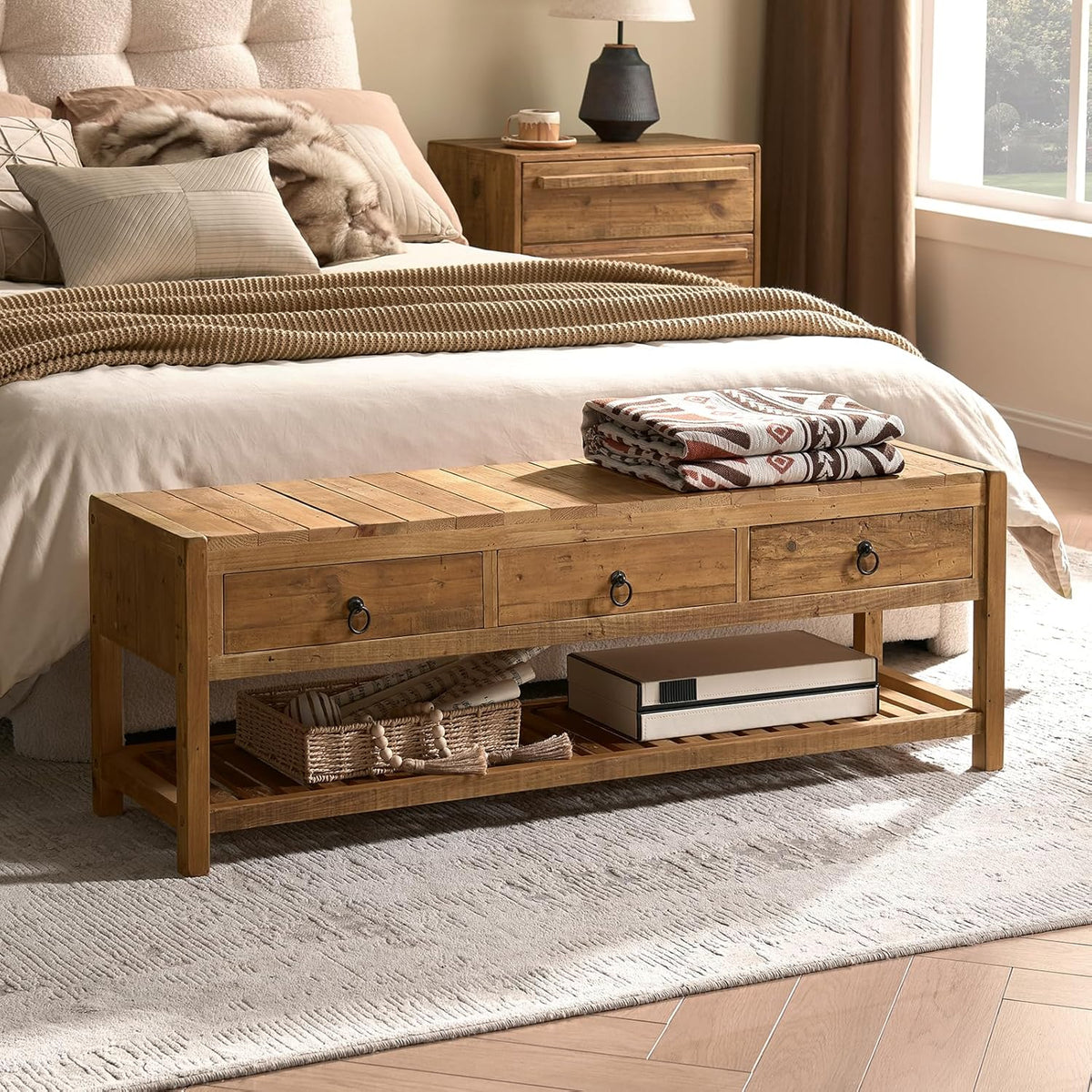 Wnutress 45.2" Reclaimed Solid Wood Benches with 3 Drawers & Slatted Storage Shelf, Rustic Farmhouse Long Entryway Bench Seat for Indoor, End of Bed, Living Room, Hallway, Natural Finsh