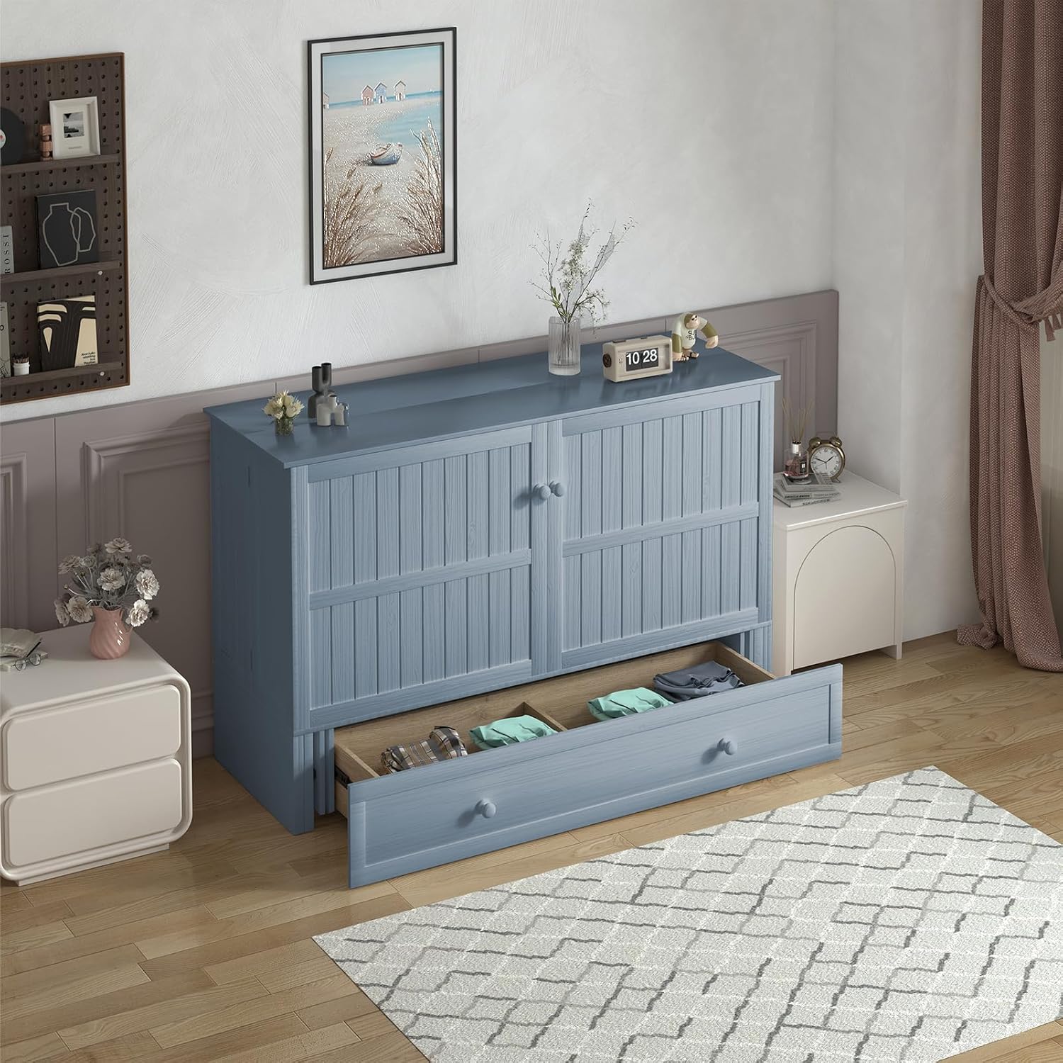 ijuicy Murphy Cube Bed Queen with Memory Foam Mattress-Grayish Blue | USB Charging, Extra Large Drawers, Side Storage for Guests/Room