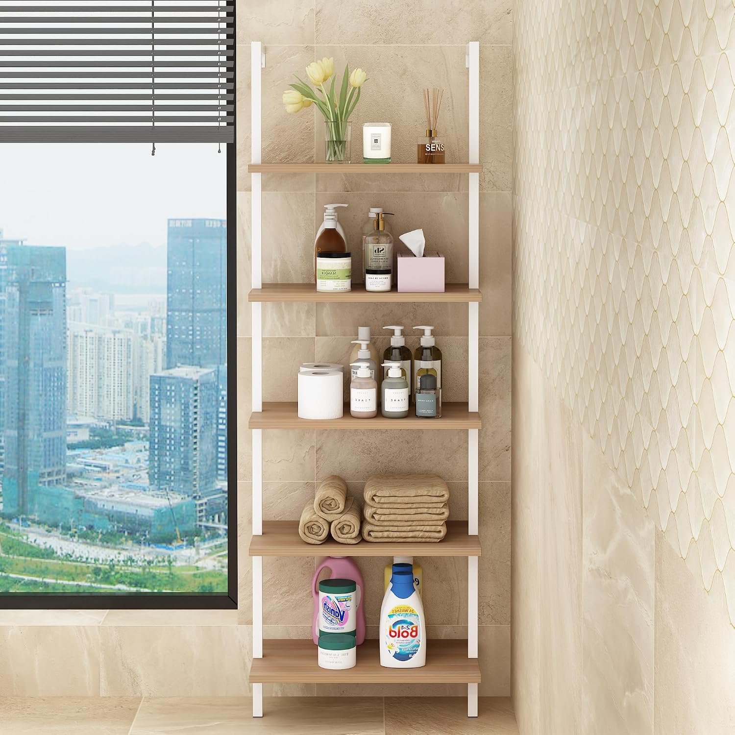 Karl home Oak 5 Tier Wall Mount Ladder Shelf, Metal Frame Open Bookcase