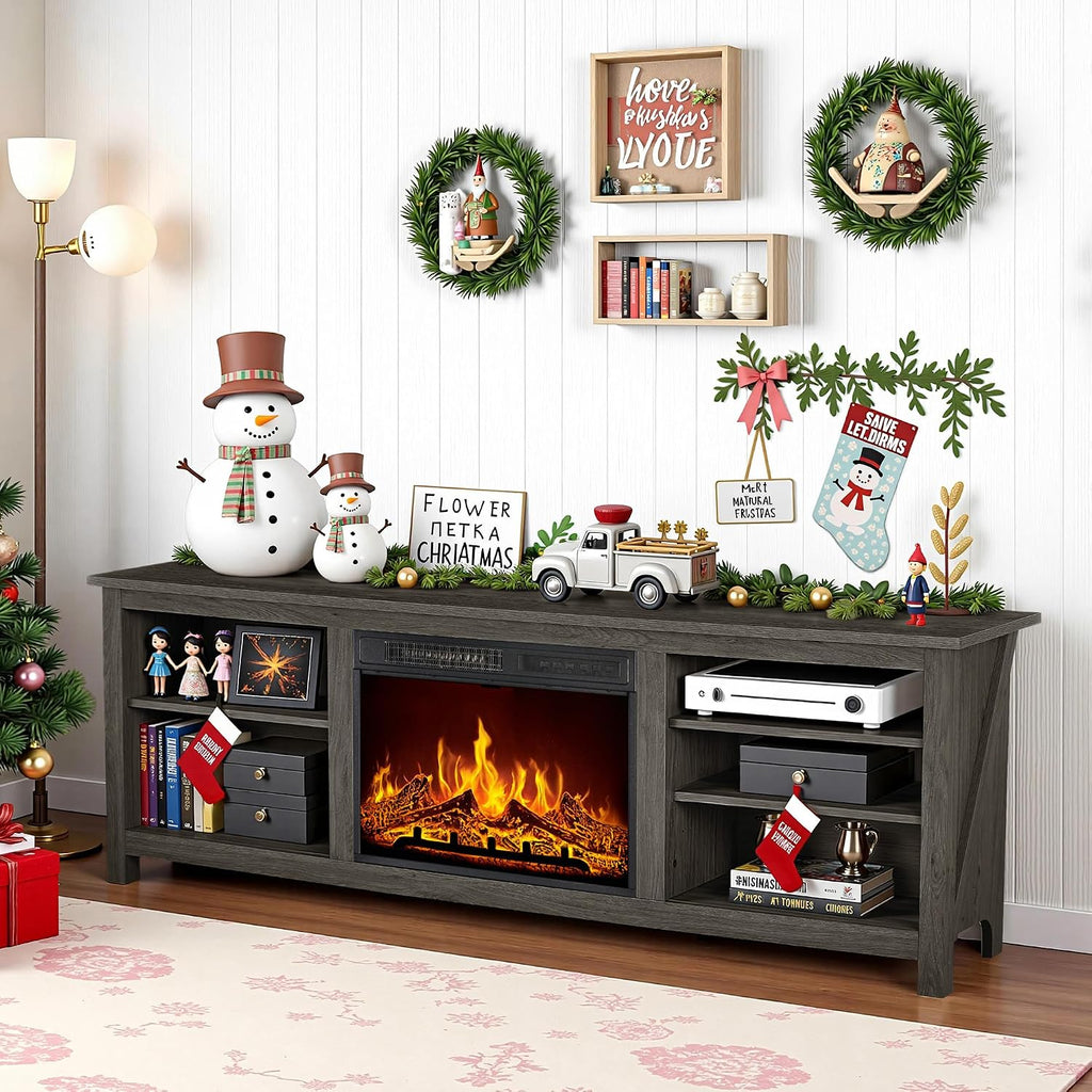 AMERLIFE 70" Fireplace TV Stand with 23" Electric Fireplace for 80" TVs | Rustic Grey, Wood Texture Finish, Farmhouse Style, Entertainment Stand, Media TV Console, Storage Cabinet, Living Room