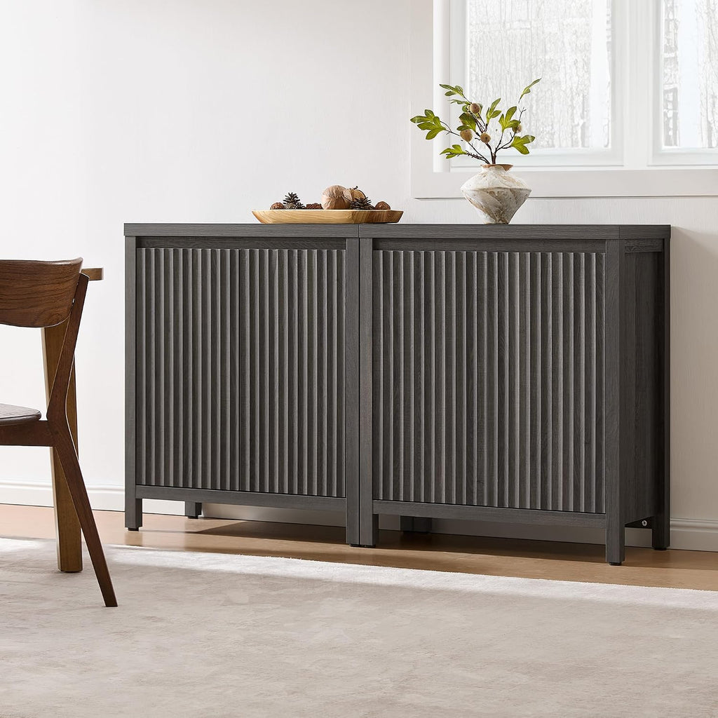 SICOTAS Sideboard Buffet Cabinet with Storage, Fluted Credenza Console Cabinet with Adjustable Shelves, Modern Coffee Bar Storage Cabinet for Kitchen, Living Room, Entryway, Black Oak, 3 PCS