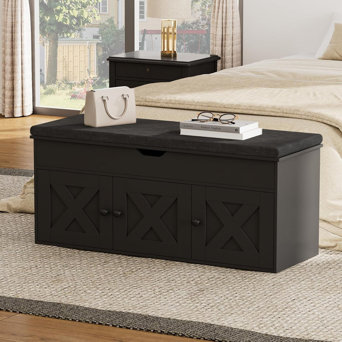 Homleke Shoe Storage Bench with Lift Top & 3 Barn Doors, Entryway Bench with Removable Cushion, Adjustable Shelf, Hidden Storage Cabinet for Hallway, Living Room, Bedroom - Black