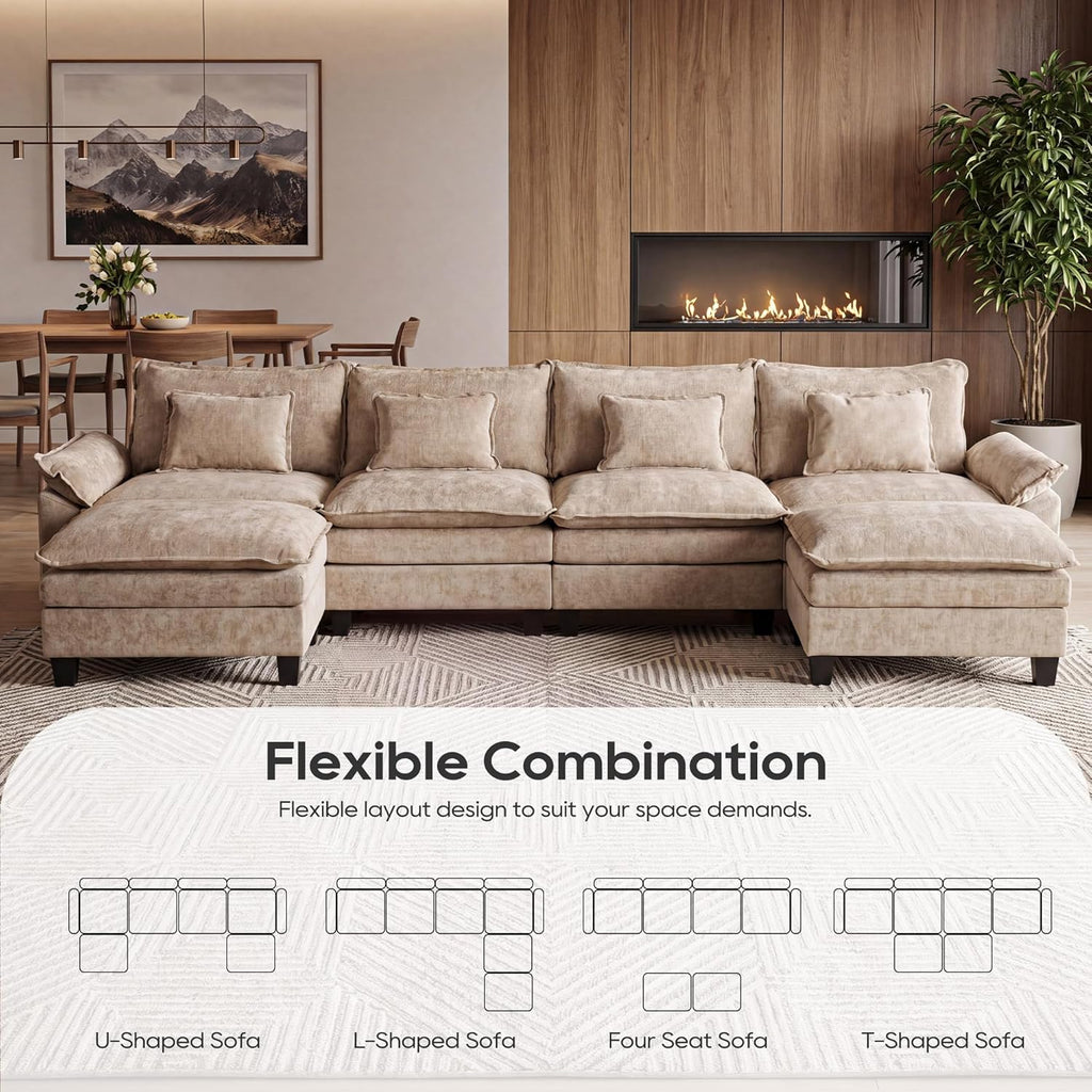URRED Oversized Modular Sectional Sofa, 157" U Shaped Modern Comfy Cloud Couch with Movable Ottoman & Pillows, Deep Seat Couches for Living Room, Bedroom or Apartment (Chenille Khaki, 157" U Shaped)