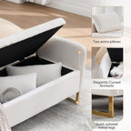 Storage Bench for Bedroom, 65 Inch End of Bed Storage Bench Cream | Chenille End of Bed Bench King Size Tufted Upholstered and Gold Legs, Bedroom Bench with Storage, Arms, 2 Pillows, for Window