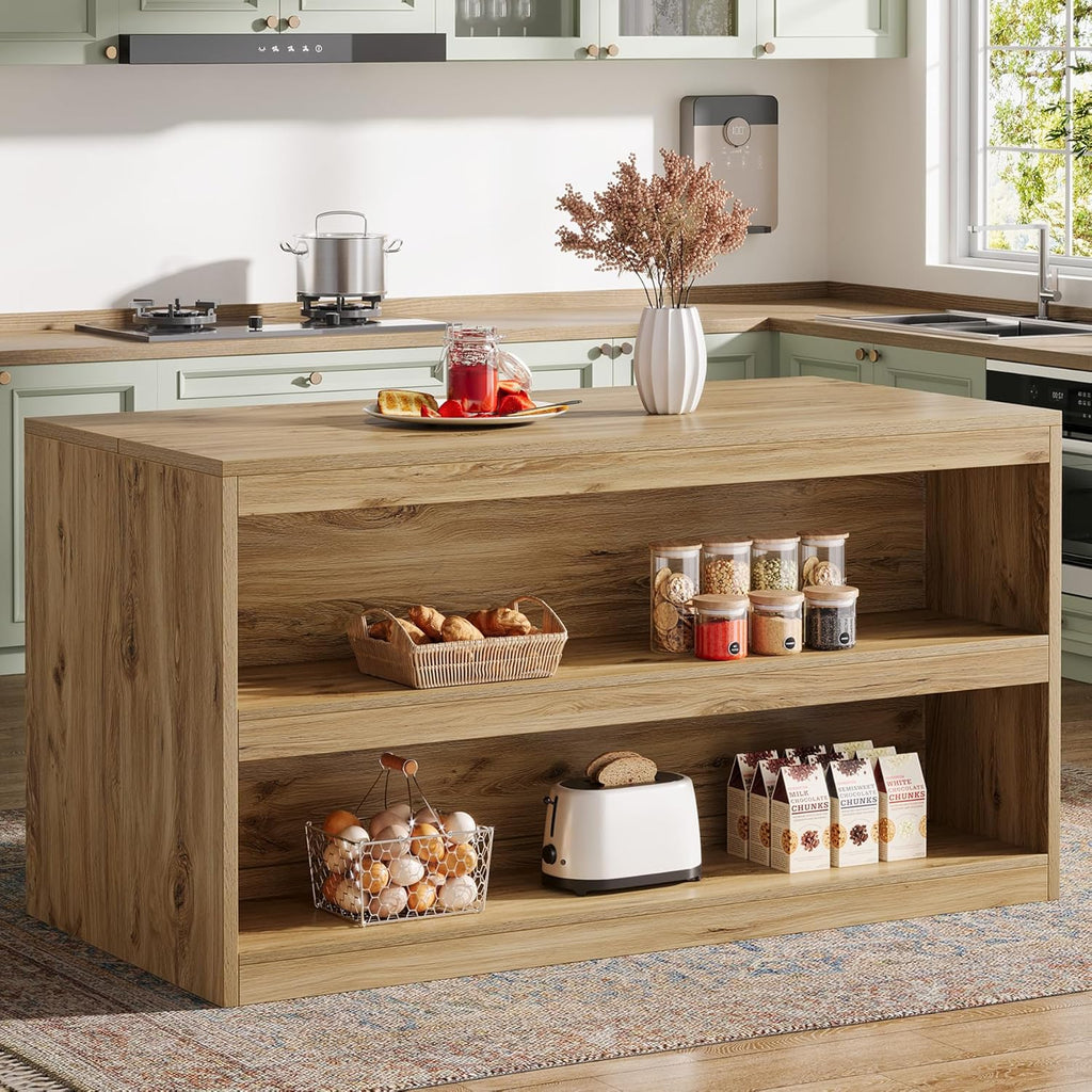 Tribesigns 59-Inch Kitchen Island with Storage, 3-Tier Farmhouse Stationary Island Table with Large Worktop & Seating Area, Rectangular Breakfast Counter for Kitchen, Dining Room, Light Wood