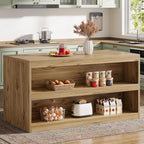 Tribesigns 59-Inch Kitchen Island with Storage, 3-Tier Farmhouse Stationary Island Table with Large Worktop & Seating Area, Rectangular Breakfast Counter for Kitchen, Dining Room, Light Wood