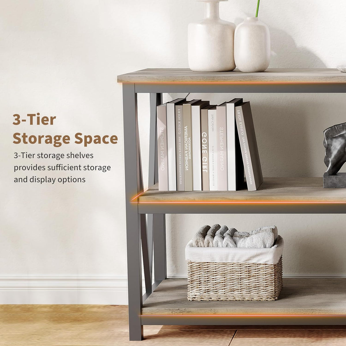 IDEALHOUSE Industrial Entryway Table, 47 in Narrow Long Console Table with Storage, 3 Tier Wood Console Table for Living Room, Farmhouse Sofa Tables Behind Couch, Hallway Table for Foyer-Grey