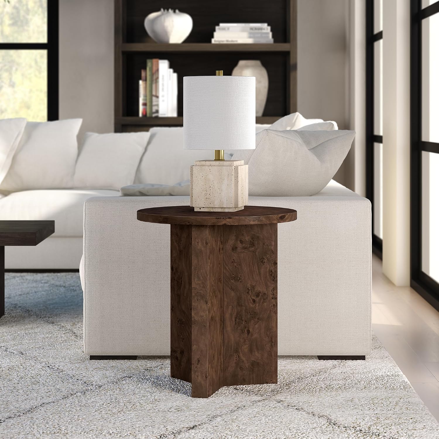 Henn&Hart 20" Scandinavian Round Wooden End Table, Side Table, Nightstand with X-Base for Living Room, Office, Family Room, or Bedroom, Walnut Burl