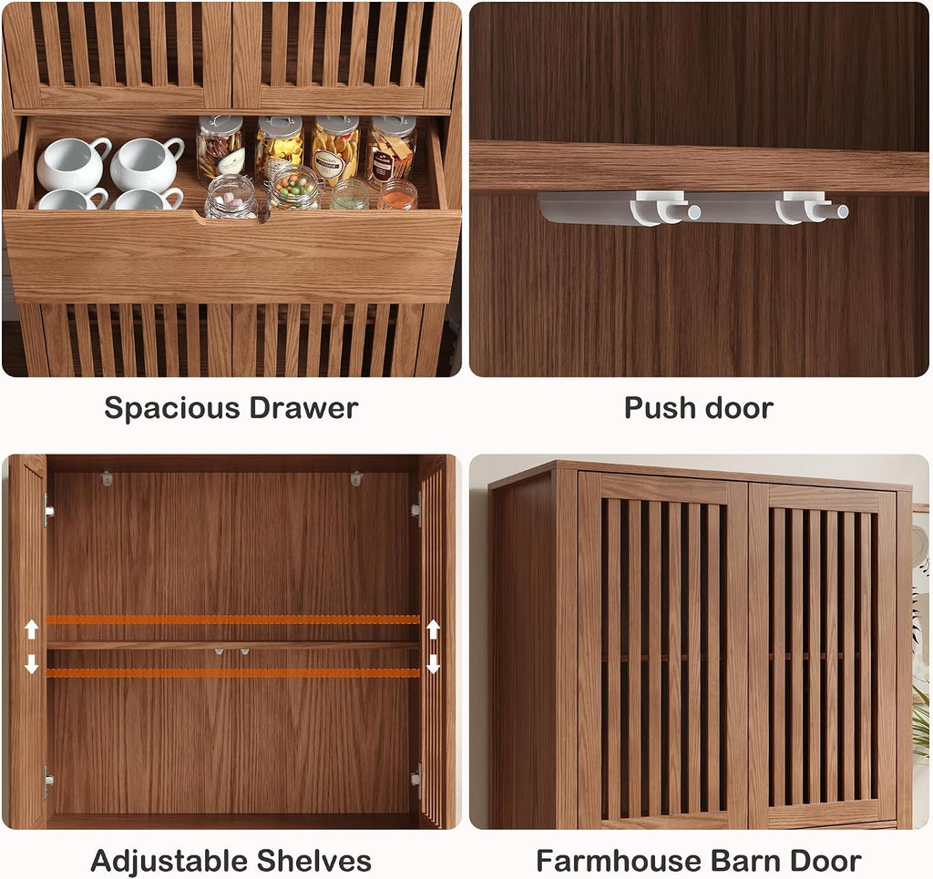BVIUNTWO Set of 3 Farmhouse Tall Storage Cabinets, Wooden Kitchen Pantry Cupboards with Slatted Doors, Drawer & Adjustable Shelves for Kitchen, Dining & Living Room Storage, 68.8 Inch, Brown