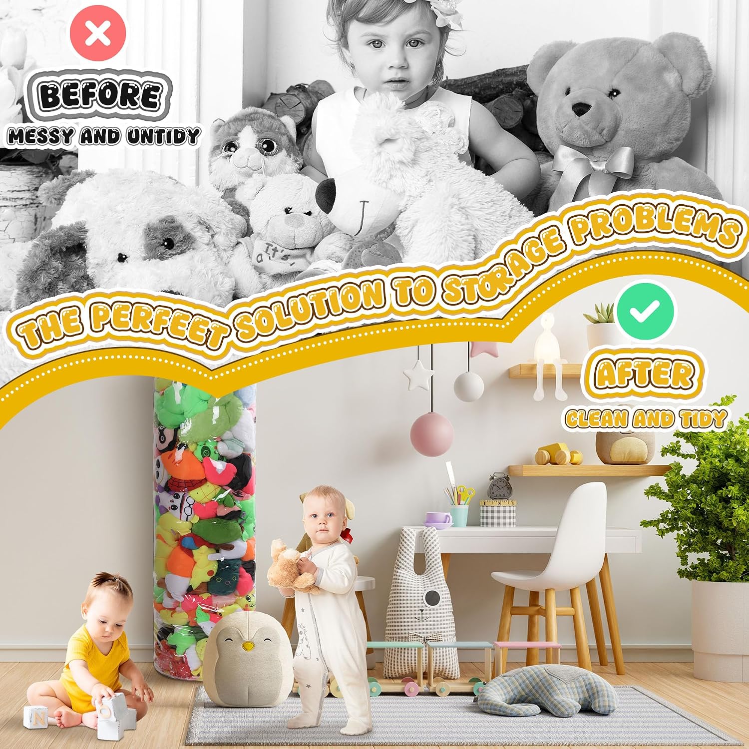 BALAPET Clear Stuffed Animal Bean Bag Cover for Kids,Waterproof PVC Storage Soft Stuff Animal for Organizing Toddler & Children Rooms,Portable Cylinder Bag to Sit, Play & Box(47.2x13.8x13.8in)