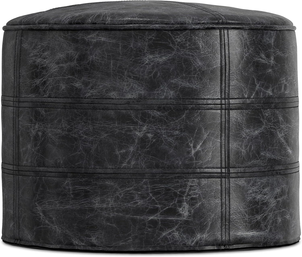 SIMPLIHOME Connor 18" Wide Round Pouf in Distressed Black Genuine Leather