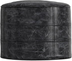 SIMPLIHOME Connor 18" Wide Round Pouf in Distressed Black Genuine Leather