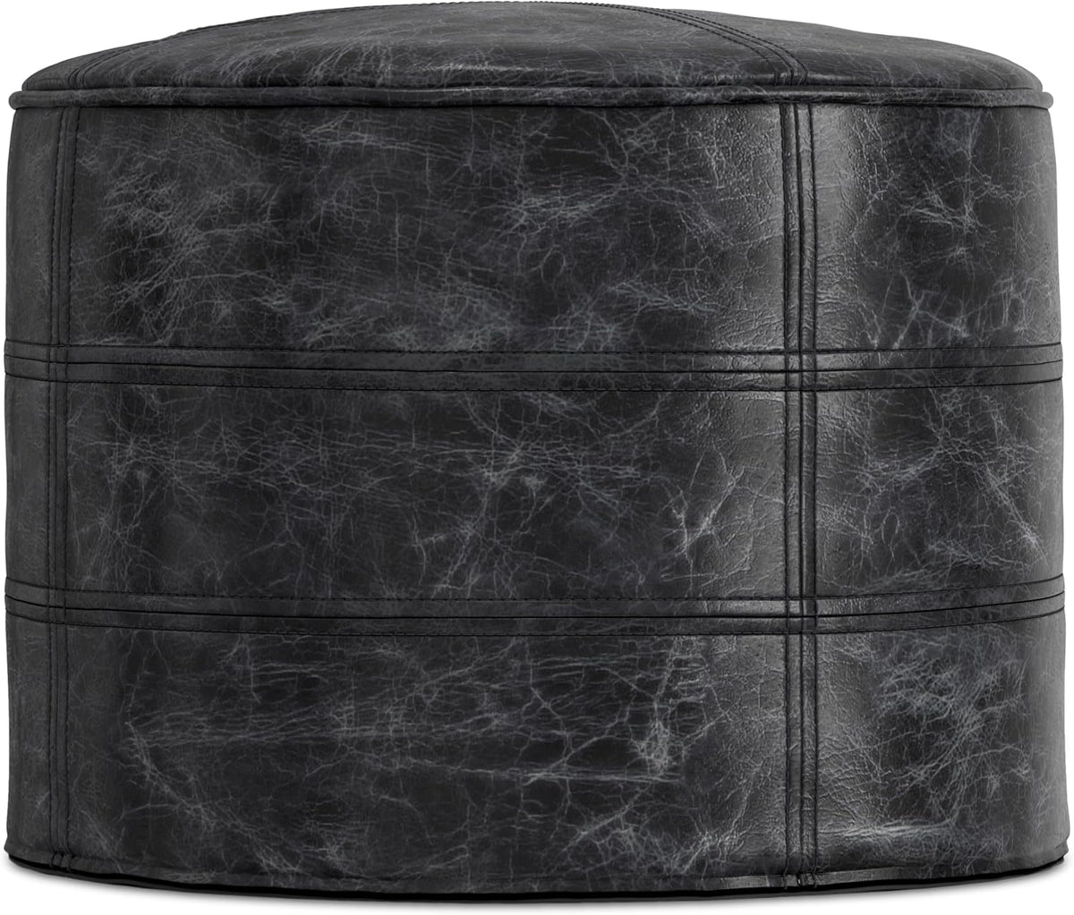 SIMPLIHOME Connor 18" Wide Round Pouf in Distressed Black Genuine Leather