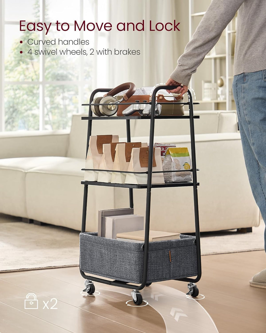 VASAGLE LILEA Collection - Storage Cart with Fabric Basket, 3-Tier Rolling Utility Cart with Wheels and Shelves, for Living Room Bedroom Kitchen, Ebony Black and Slate Gray ULRC001BE02