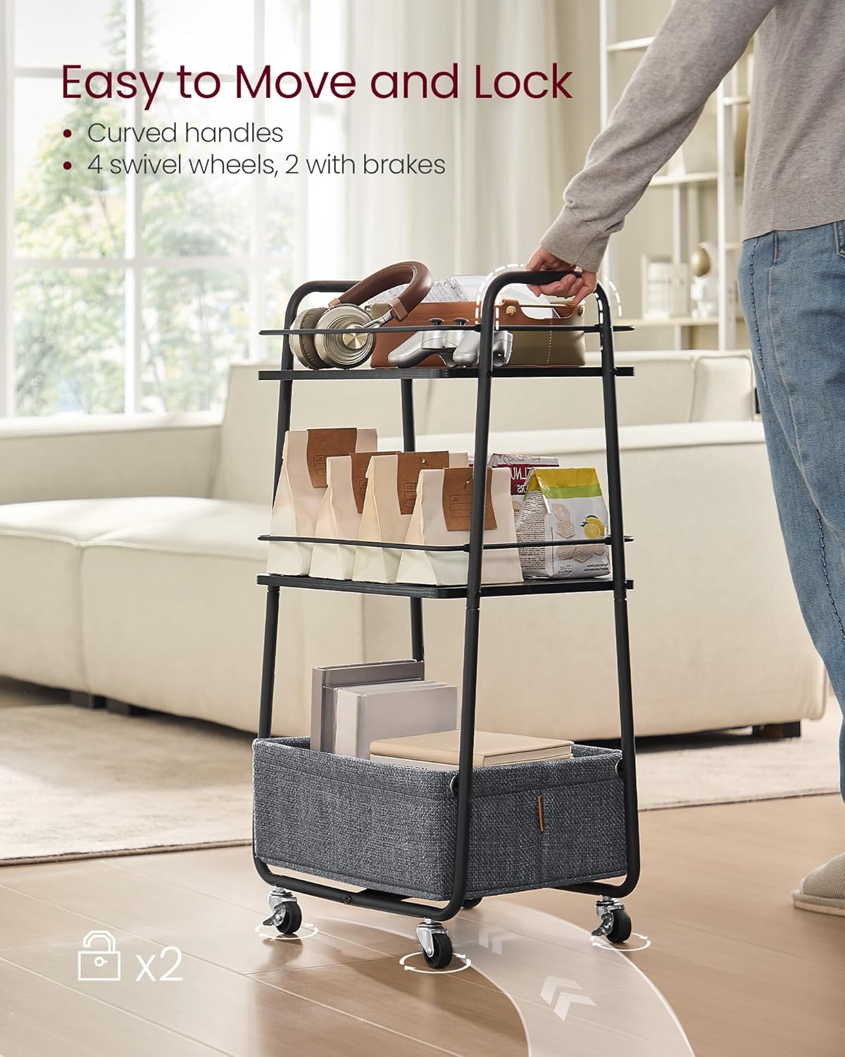VASAGLE LILEA Collection - Storage Cart with Fabric Basket, 3-Tier Rolling Utility Cart with Wheels and Shelves, for Living Room Bedroom Kitchen, Ebony Black and Slate Gray ULRC001BE02