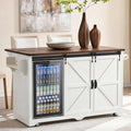 72" Rolling Kitchen Island with Mini Fridge Space & Power Outlet,White | Farmhouse Kitchen Cart Cabinet with Drop Leaf Table, 4 Drawers, Sliding Barn Doors & Wine Glass Holder
