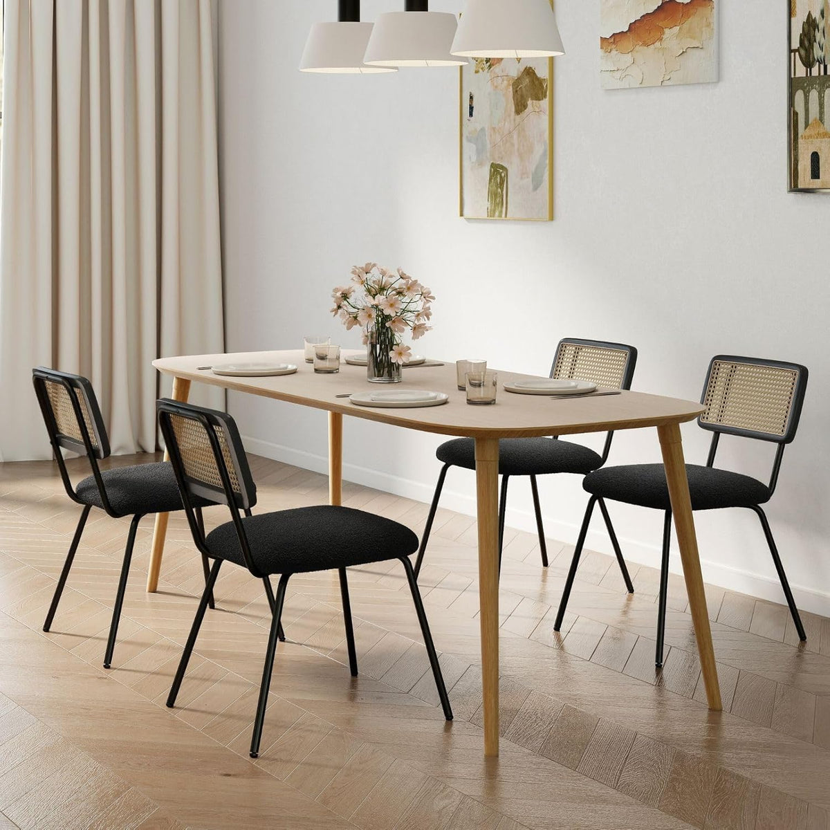 Hyfirm Black Rattan Modern Dining Chairs Set of 4, Armless Side Chairs with Metal Legs for Dining Room/Living Room