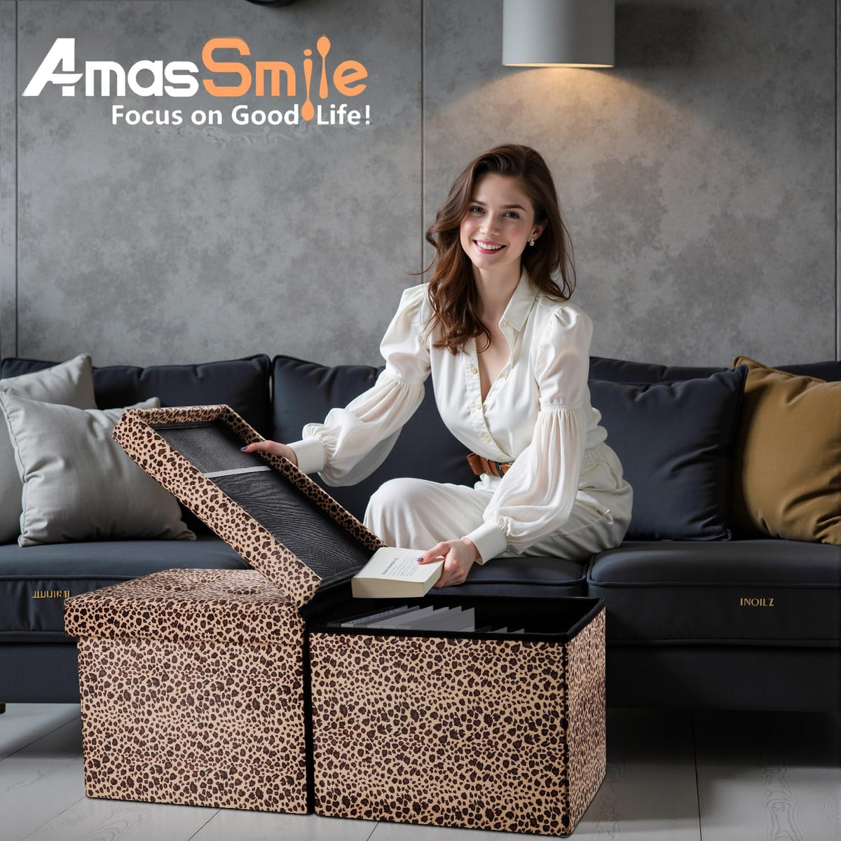 AmasSmile Footrest Ottoman Storage Bench,34" Velvet Folding Chest,Leopard | Large Ottoman with Storage,Thicker Foam Padded Seat,Livingroom,Dorm,Bedroom,Entryway,Easy to install,34 x 13 x 13in