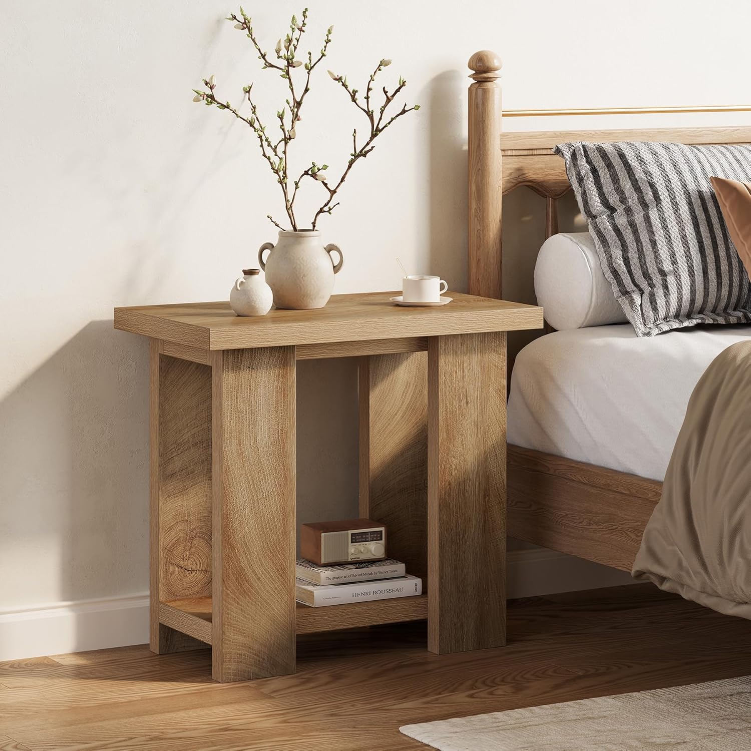 LITTLE TREE 2-Tier Side Table, Farmhouse End Table with Storage Shelves, Small Nightstand Wooden Beside Table Bed Side Table for Small Spaces, Living Room, Bedroom, Light Brown