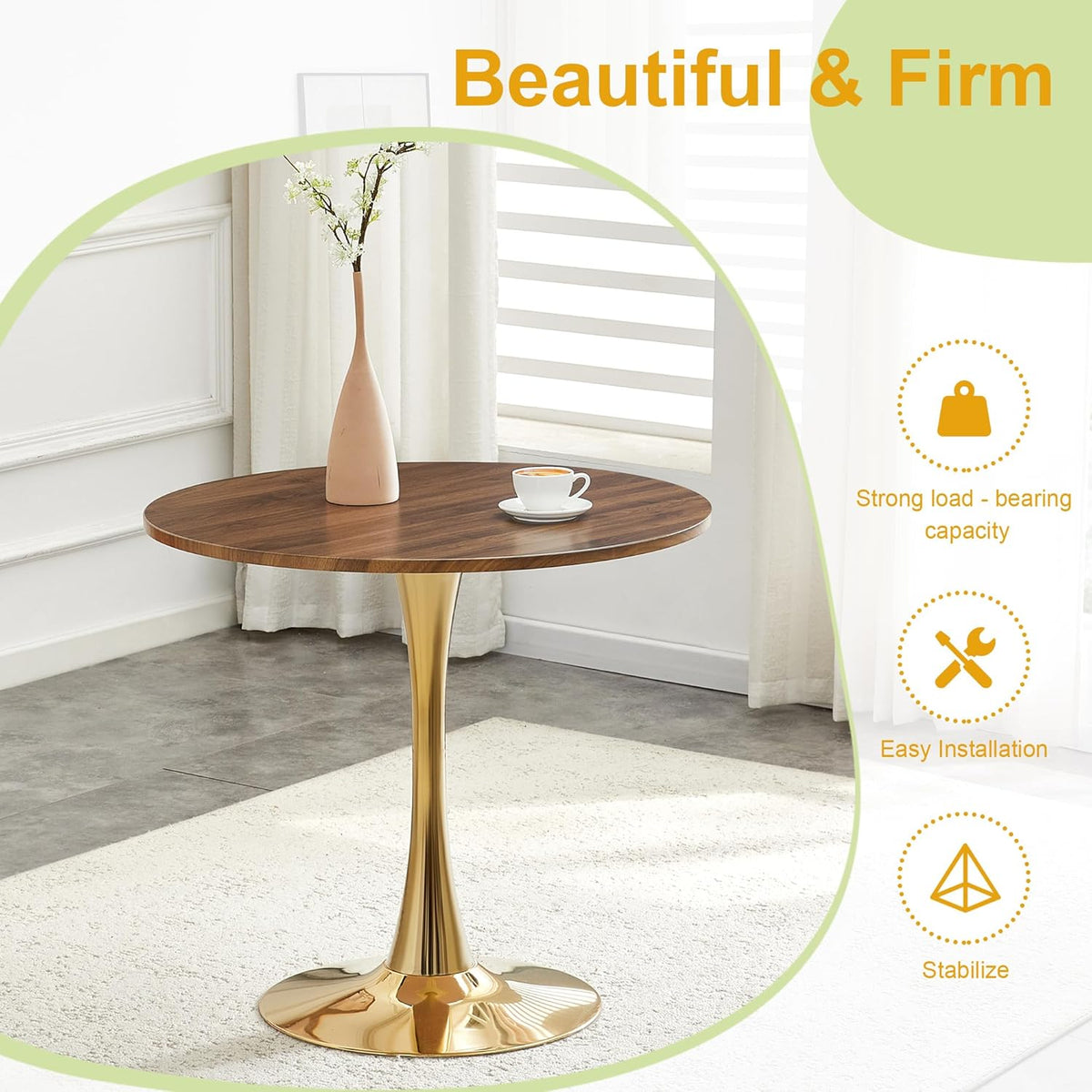 31.5 Inch Small Round Dining Table for 2-4 Person, Circle Tulip Table with Faux Walnut MDF Top and Gold Metal Base,Mid Century Modern Bistro Table for Kitchen, Small Places,Living Room, Cafe