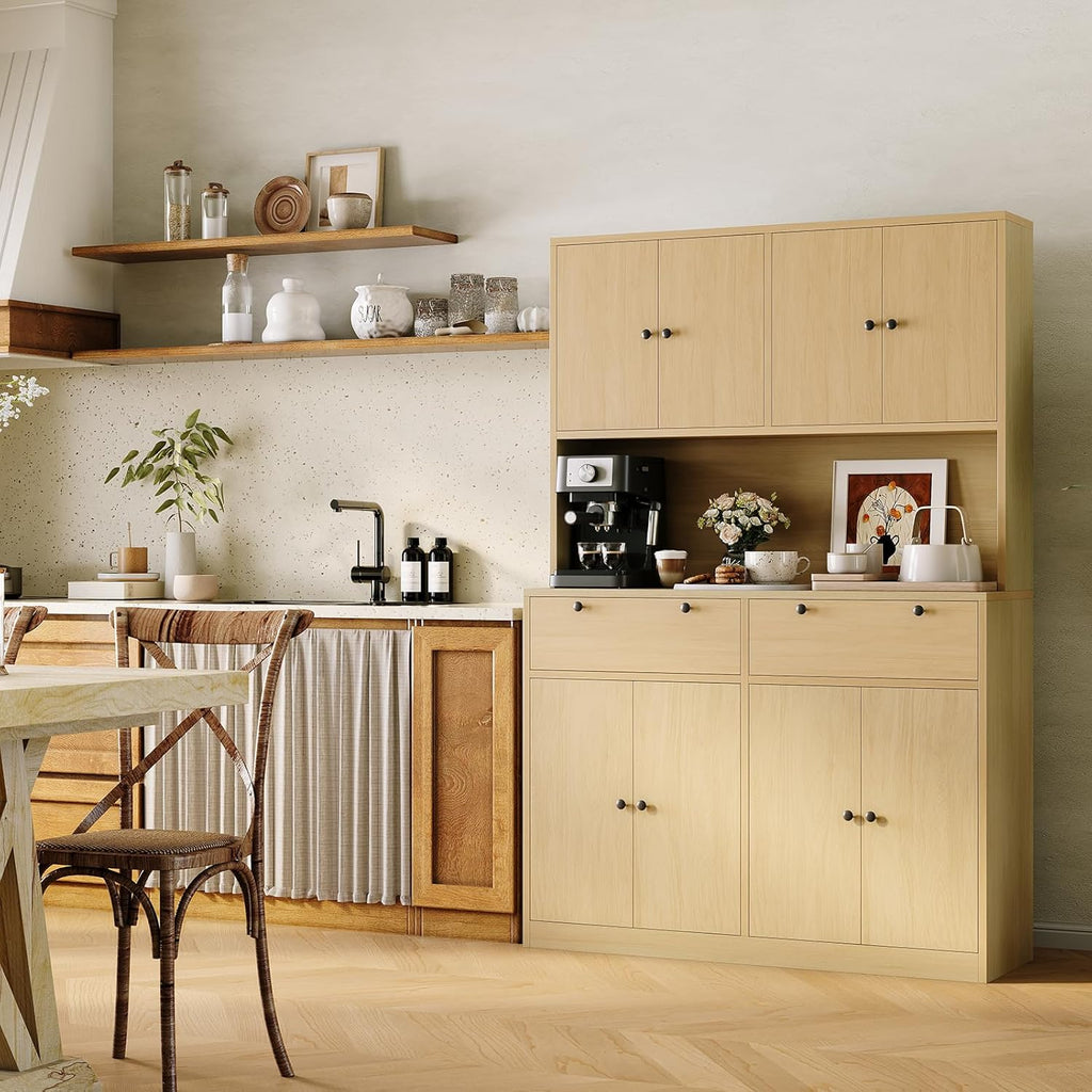 Modern Tall Kitchen Pantry Cabinet with Charging Station - 71" Height, 47" Wide Hutch, 2 Drawers, 8 Doors, Adjustable Shelves, Countertop - Dining Room or Kitchen Storage - Natural Wood