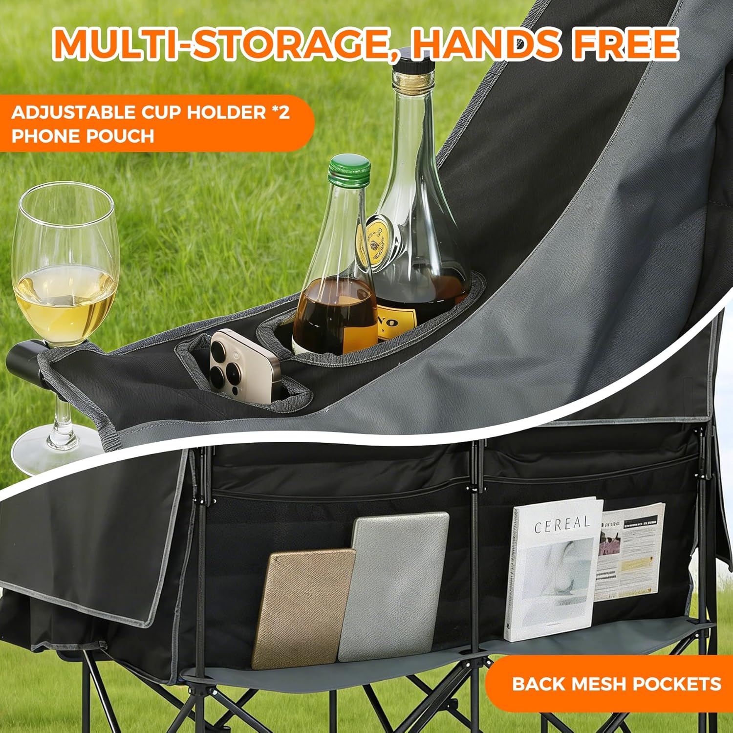 Double Camping Chair with Canopy Heavy Duty 2 Person Folding Loveseat Beach Chair with Shade High Back Oversized Outdoor Camping Couch with Cup Holders & Wine Racks for Lawn, Fishing, Sports