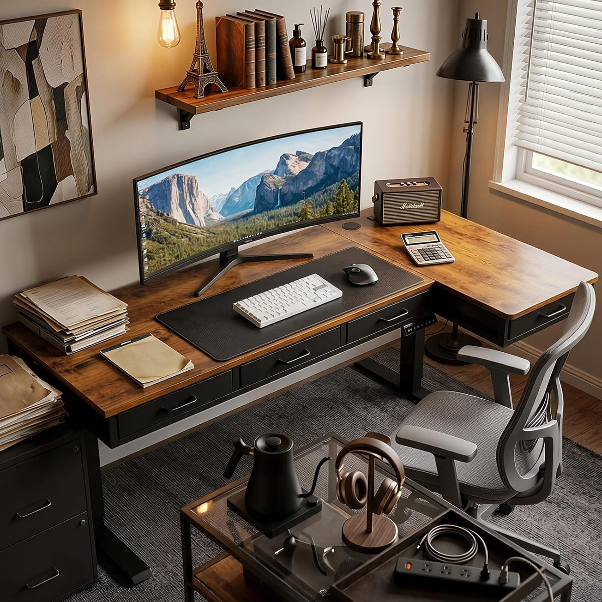 OffiGo 63 Inch L Shaped Electric Standing Desk with 4 Drawers, Rustic Brown | Reversible Corner Table, Office Desk With 4 Drawers and Outlets For Home Office, Computer Workstation And Sit Stand Use