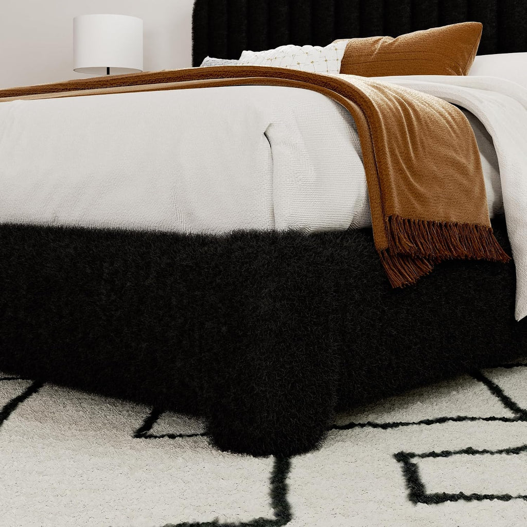 Queen Size Boucle Bed Frame, Upholstered Cloud Platform Bed Frame with Adjustable Headboard, Vertical Tufted, Soft Rounded Corners, No Box Spring Needed, Noise Free Design, Easy Assembly, Black