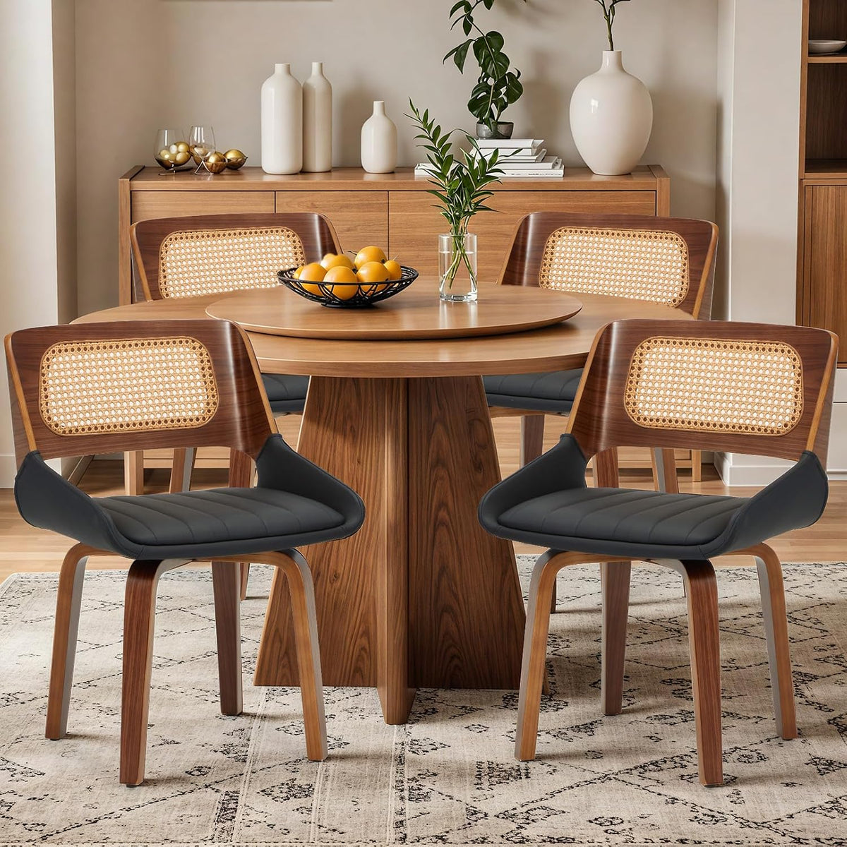 AVAWING Swivel Dining Chairs Set of 4, Mid Century Modern Dining Room Chairs with Cane Back & Leather Seat, Upholstered Rattan Chairs with Walnut Bentwood Frame & Adjustable Foot Pads, Black
